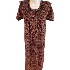 Pinkys Night Wear House Dress Duster Women's Size Large Orange Black Floral